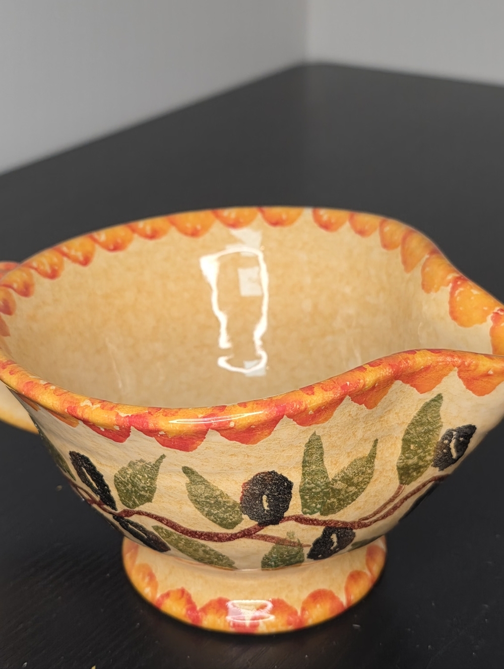 Vintage Hand-Painted Italian Pottery Gravy Boat / Creamer - Olive Motif